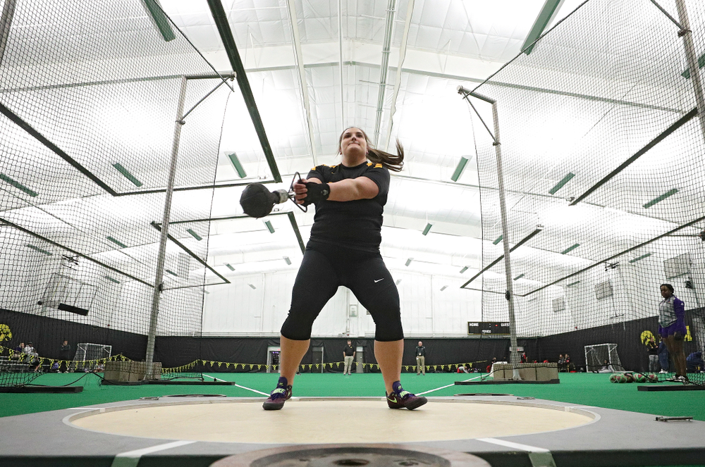 Iowa’s Jamie Kofron throws in the women’s weight throw event during the Hawkeye Invitational at the Hawkeye Tennis and Recreation Complex in Iowa City on Friday, January 10, 2020. (Stephen Mally/hawkeyesports.com)