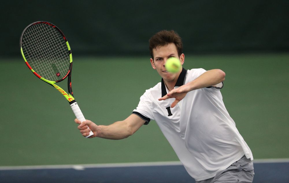Iowa's Piotr Smietana against Western Michigan Saturday, January 19, 2019 at the Hawkeye Tennis and Recreation Complex. (Brian Ray/hawkeyesports.com)