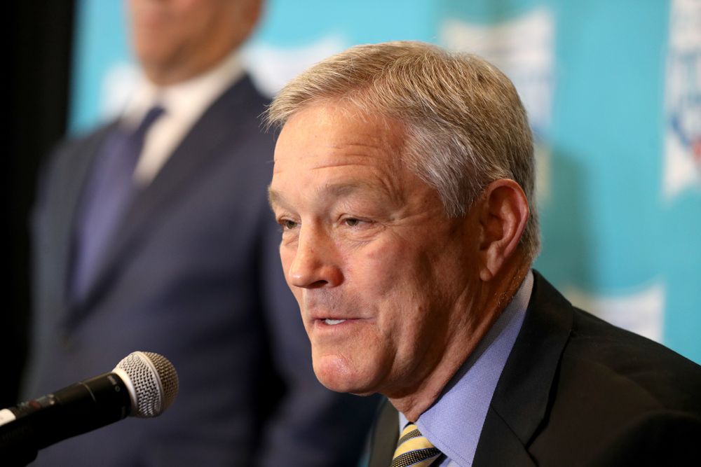 Iowa Hawkeyes head coach Kirk Ferentz answers questions during a press conference leading up to the Holiday Bowl Thursday, December 26, 2019 in San Diego. (Brian Ray/hawkeyesports.com)