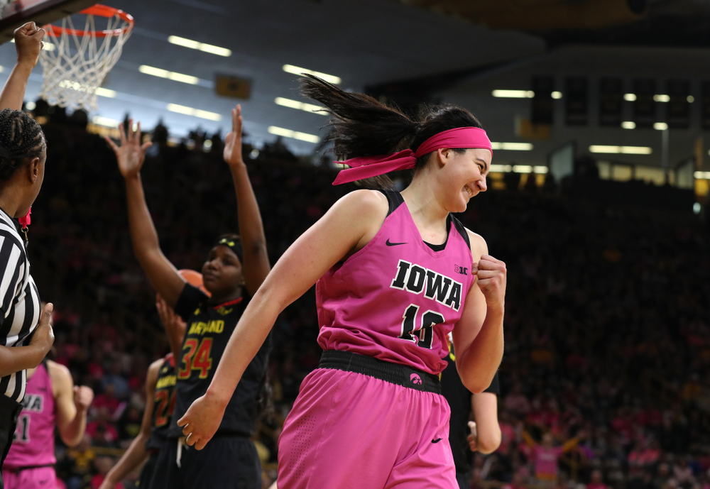 Iowa Hawkeyes forward Megan Gustafson (10) against the seventh ranked Maryland Terrapins Sunday, February 17, 2019 at Carver-Hawkeye Arena. (Brian Ray/hawkeyesports.com)
