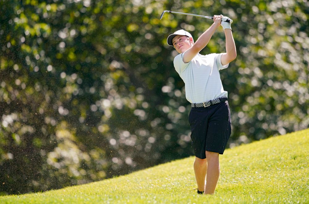 Iowa’s Matthew Garside tees off during the second day of the Golfweek Conference Challenge at the Cedar Rapids Country Club in Cedar Rapids on Monday, Sep 16, 2019. (Stephen Mally/hawkeyesports.com)