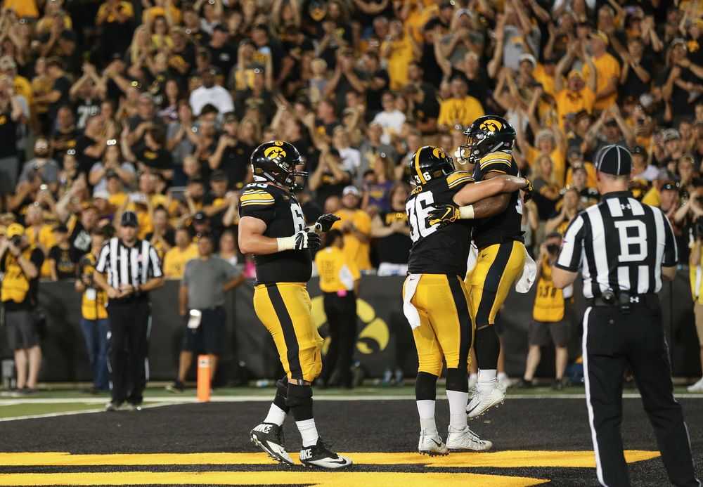 Iowa Hawkeyes running back Mekhi Sargent (10) celebrates after scoring a touchdown during a game against Northern Iowa at Kinnick Stadium on September 15, 2018. (Tork Mason/hawkeyesports.com)