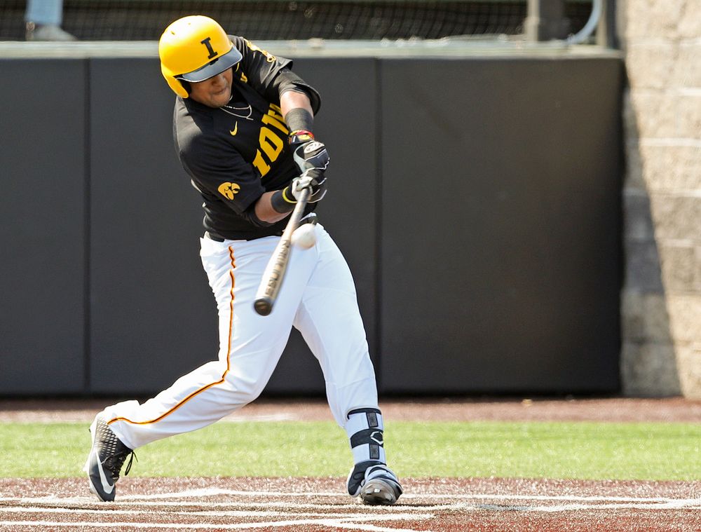 Iowa Hawkeyes designated hitter Izaya Fullard (20) bats during the first inning of their game against Rutgers at Duane Banks Field in Iowa City on Saturday, Apr. 6, 2019. (Stephen Mally/hawkeyesports.com)