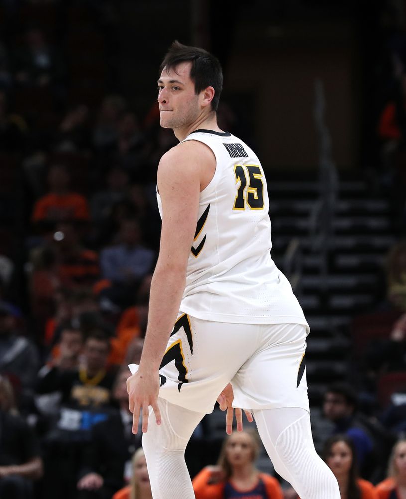 Iowa Hawkeyes forward Ryan Kriener (15) against the Illinois Fighting Illini in the 2019 Big Ten Men's Basketball Tournament Thursday, March 14, 2019 at the United Center in Chicago. (Brian Ray/hawkeyesports.com)