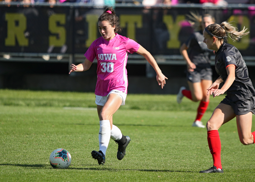 Iowa forward Devin Burns (30) moves with the ball during the first half of their match at the Iowa Soccer Complex in Iowa City on Sunday, Oct 27, 2019. (Stephen Mally/hawkeyesports.com)
