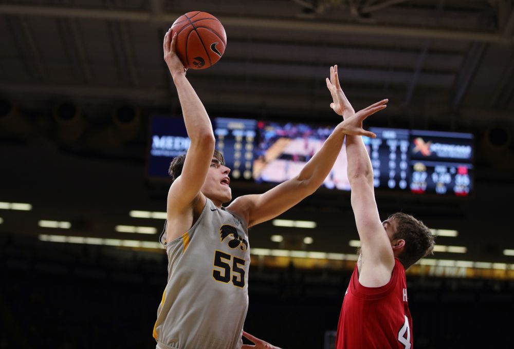 Iowa Hawkeyes forward Luka Garza (55) against the Nebraska Cornhuskers Sunday, January 6, 2019 at Carver-Hawkeye Arena. (Brian Ray/hawkeyesports.com)