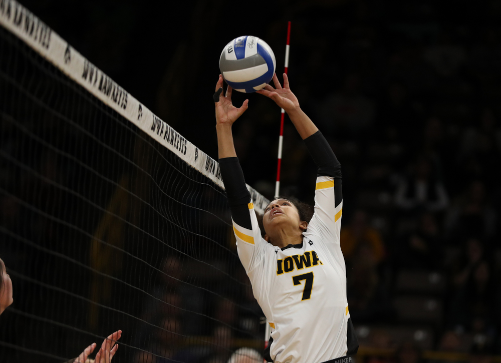Iowa Hawkeyes setter Gabrielle Orr (7) against the Ohio State Buckeyes Saturday, November 24, 2018 at Carver-Hawkeye Arena. (Brian Ray/hawkeyesports.com)