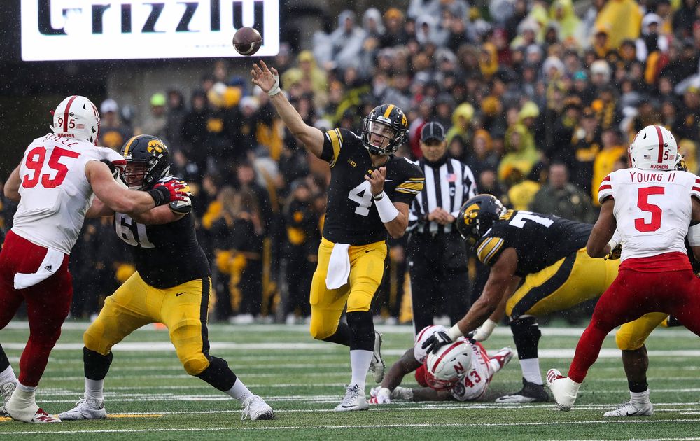 Iowa Hawkeyes quarterback Nate Stanley (4) passes the ball during a game against Nebraska at Kinnick Stadium on November 23, 2018. (Tork Mason/hawkeyesports.com)