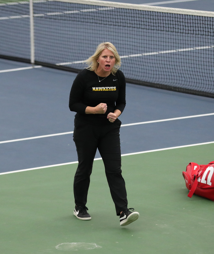 Iowa Hawkeyes head coach Sasha Schmid against the Iowa State Cyclones Friday, February 8, 2019 at the Hawkeye Tennis and Recreation Complex. (Brian Ray/hawkeyesports.com)