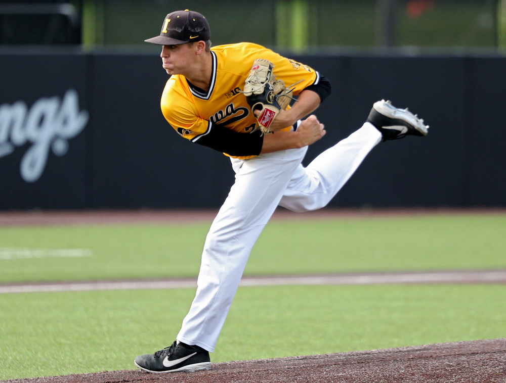 Iowa pitcher Grant Judkins (7) delivers to the plate during the third inning of the first game of the Black and Gold Fall World Series at Duane Banks Field in Iowa City on Tuesday, Oct 15, 2019. (Stephen Mally/hawkeyesports.com)