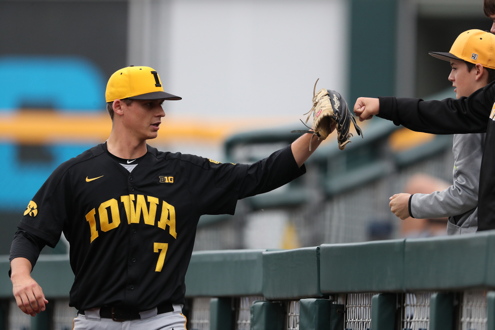 Iowa Hawkeyes Grant Judkins (7) against the Nebraska Cornhuskers in the first round of the Big Ten Baseball Tournament Friday, May 24, 2019 at TD Ameritrade Park in Omaha, Neb. (Brian Ray/hawkeyesports.com)