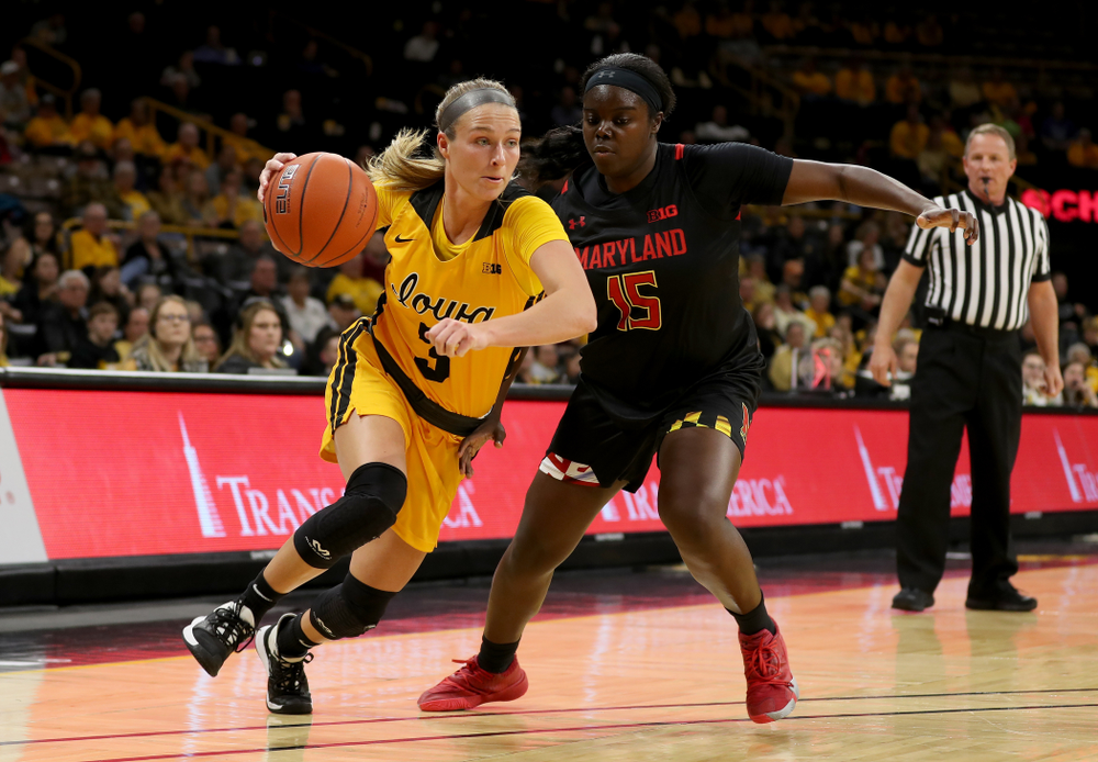 Iowa Hawkeyes guard Makenzie Meyer (3) against the Maryland Terrapins Thursday, January 9, 2020 at Carver-Hawkeye Arena. (Brian Ray/hawkeyesports.com)