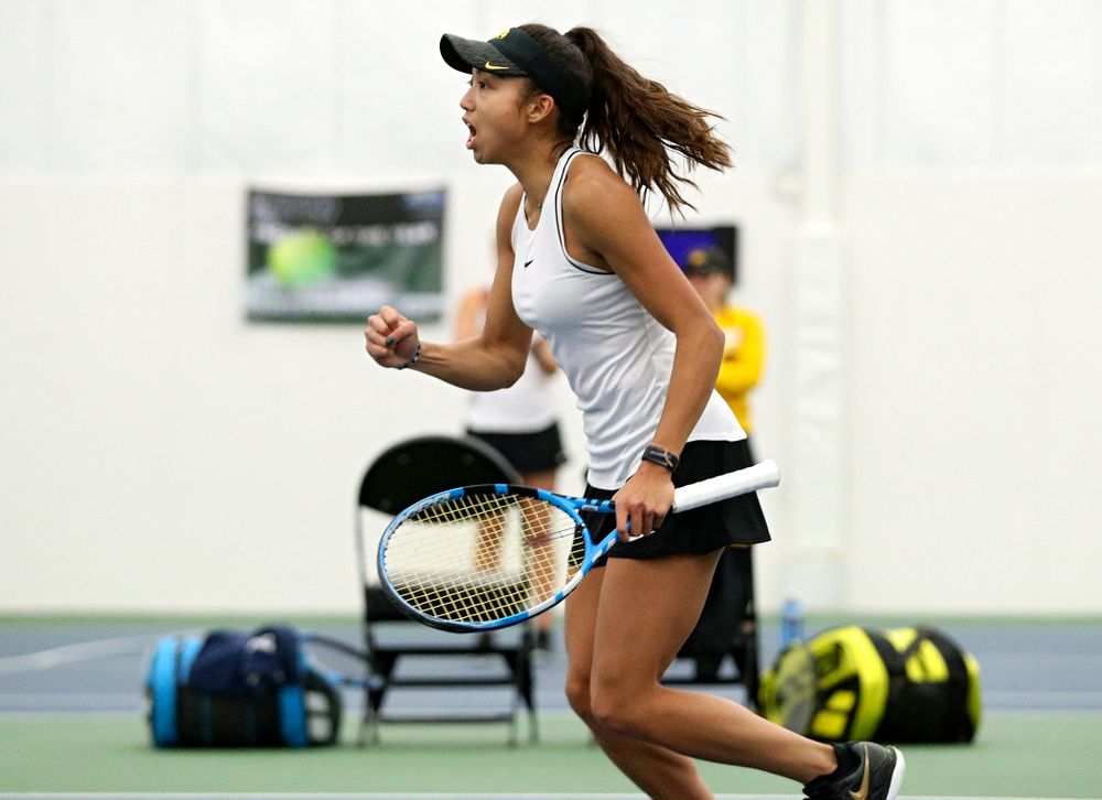 Iowa’s Michelle Bacalla celebrates a point during her doubles match at the Hawkeye Tennis and Recreation Complex in Iowa City on Sunday, February 16, 2020. (Stephen Mally/hawkeyesports.com)