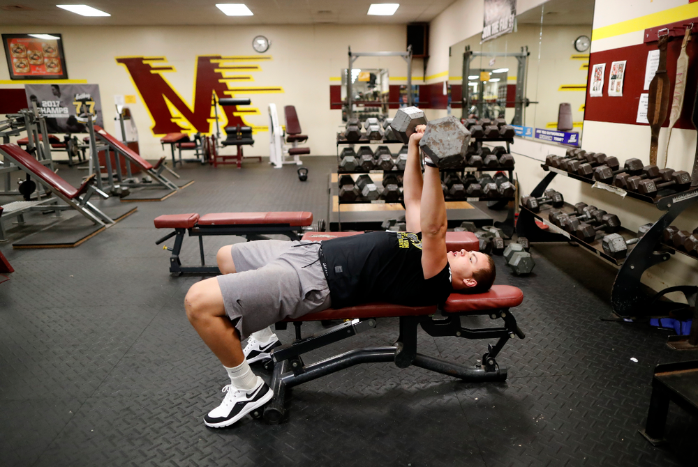 Iowa Hawkeyes quarterback Nathan Stanley (4) works out at his high school Wednesday, May 30, 2018 in Menomonie, Wisc. (Brian Ray/hawkeyesports.com)