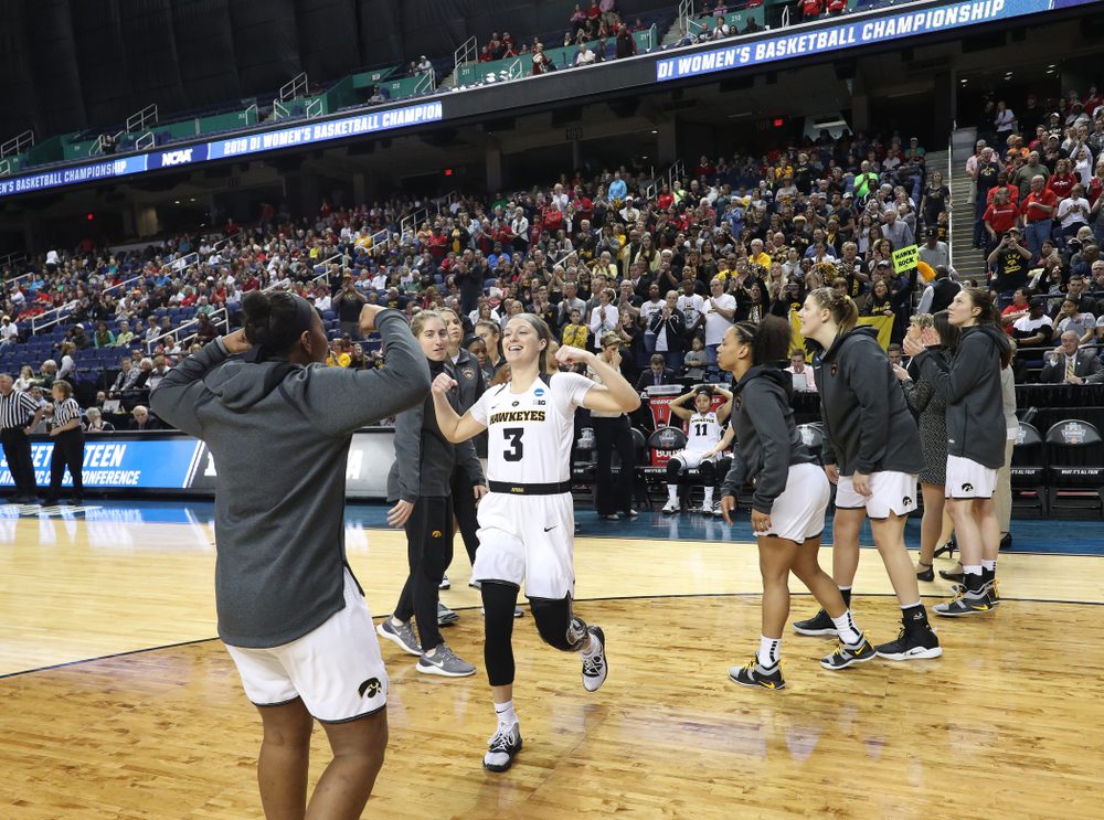 guard Makenzie Meyer (3) against the NC State Wolfpack in the regional semi-final of the 2019 NCAA Women's College Basketball Tournament Saturday, March 30, 2019 at Greensboro Coliseum in Greensboro, NC.(Brian Ray/hawkeyesports.com)