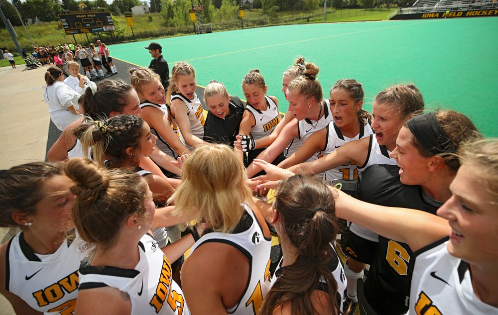 The Iowa Hawkeyes huddle before their game at Grant Field in Iowa City on Friday, Sep 13, 2019. (Stephen Mally/hawkeyesports.com)