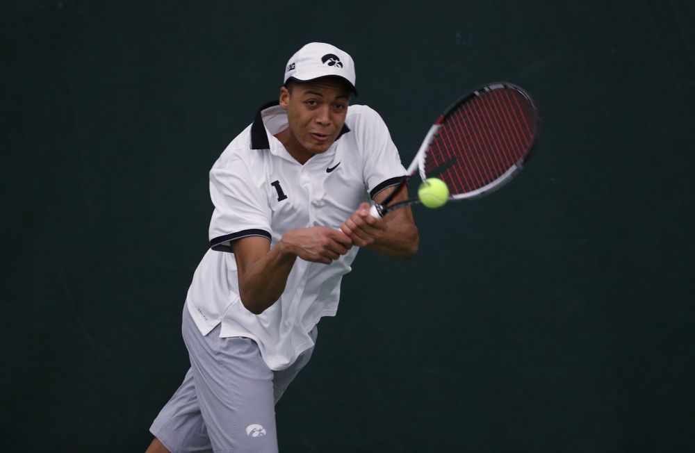 Iowa's Oliver Okonkwo against Western Michigan Saturday, January 19, 2019 at the Hawkeye Tennis and Recreation Complex. (Brian Ray/hawkeyesports.com)