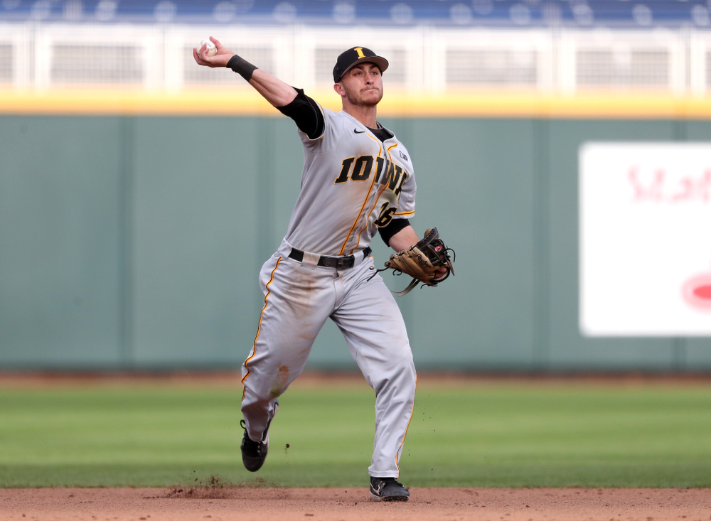 Iowa Hawkeyes Tanner Wetrich (16) against the Indiana Hoosiers in the first round of the Big Ten Baseball Tournament Wednesday, May 22, 2019 at TD Ameritrade Park in Omaha, Neb. (Brian Ray/hawkeyesports.com)