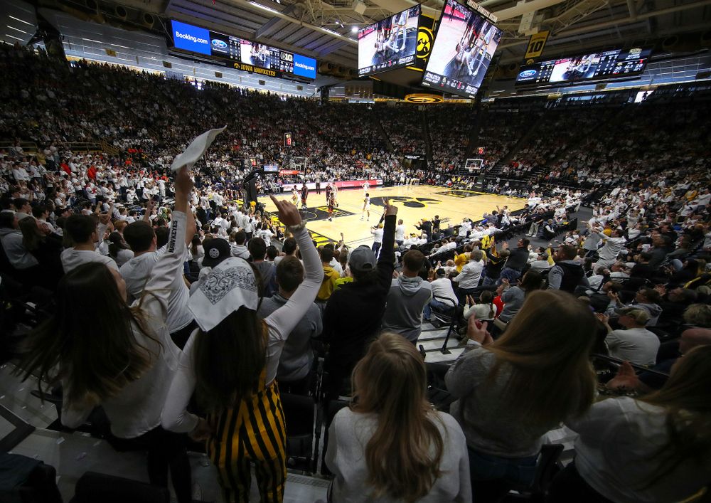 The Hawks Nest cheers after an Iowa score during the first quarter of the game at Carver-Hawkeye Arena in Iowa City on Sunday, February 2, 2020. (Stephen Mally/hawkeyesports.com)