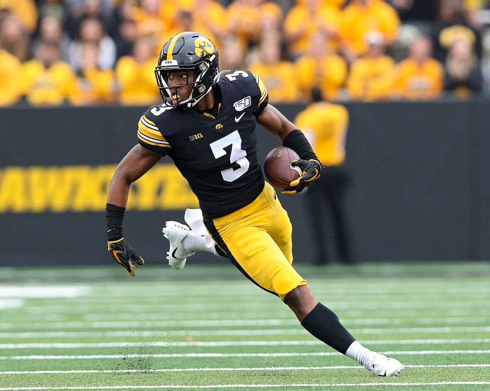 Iowa Hawkeyes wide receiver Tyrone Tracy Jr. (3) runs after pulling in a pass during the first quarter of their game at Kinnick Stadium in Iowa City on Saturday, Sep 28, 2019. (Stephen Mally/hawkeyesports.com)