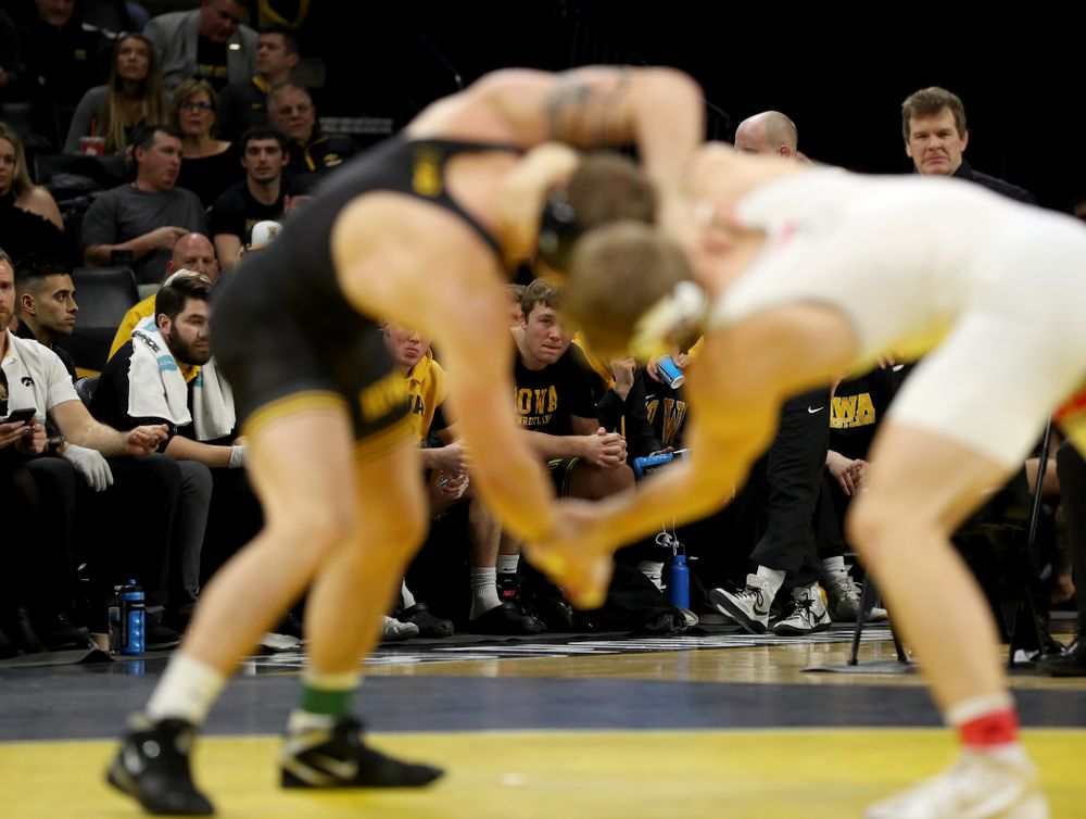Jacob Warner cheers on Iowa’s Cash Wilcke as he wrestles Ohio State’s Kollin Moore at 197 pounds Friday, January 24, 2020 at Carver-Hawkeye Arena. Moore won the match 8-3. (Brian Ray/hawkeyesports.com)
