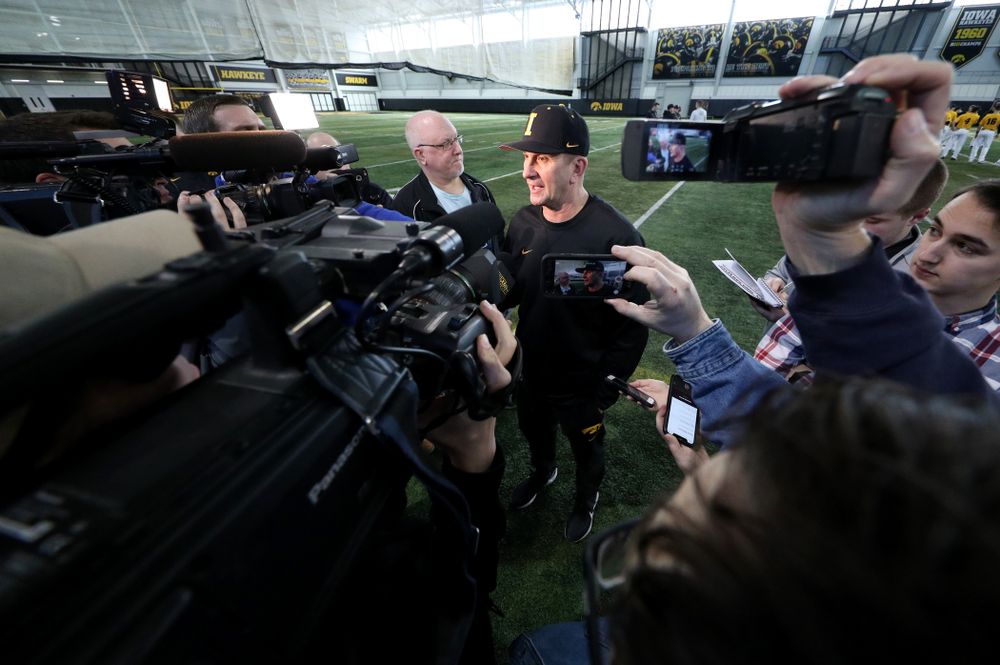 Iowa Hawkeyes head coach Rick Heller answers questions from reporters during their annual media day Thursday, February 6, 2020 at the Indoor Practice Facility. (Brian Ray/hawkeyesports.com)