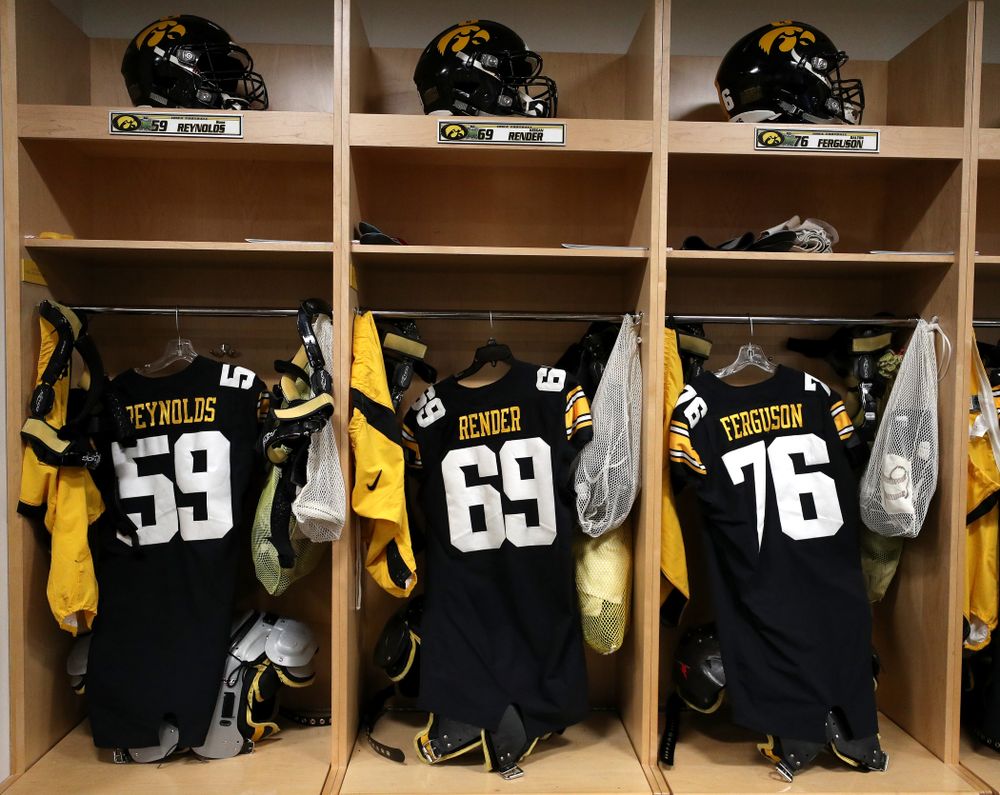 Iowa Hawkeyes offensive lineman Ross Reynolds (59), offensive lineman Keegan Render (69), and offensive lineman Dalton Ferguson (76) before their game against the Nebraska Cornhuskers Friday, November 23, 2018 at Kinnick Stadium. (Brian Ray/hawkeyesports.com)