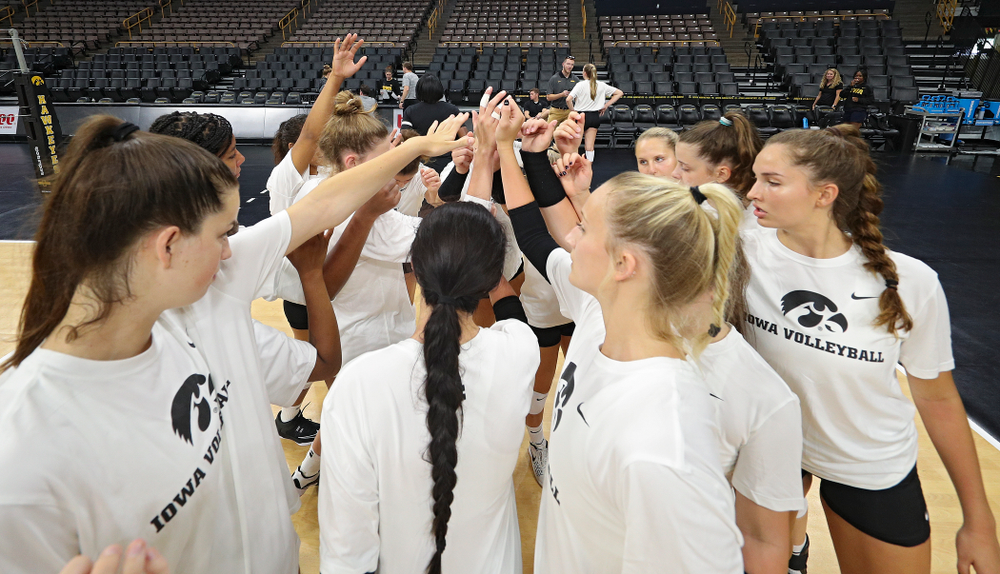 The Iowa Hawkeyes huddle during Iowa Volleyball’s Media Day at Carver-Hawkeye Arena in Iowa City on Friday, Aug 23, 2019. (Stephen Mally/hawkeyesports.com)