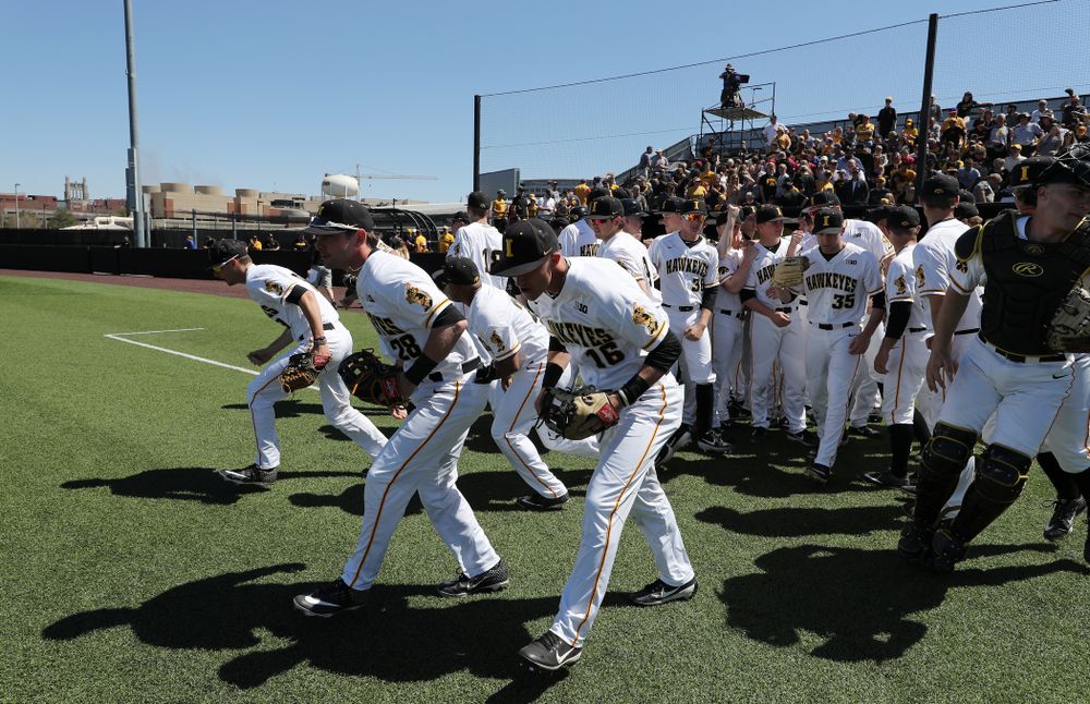 Iowa Hawkeyes Chris Whelan (28) and Tanner Wetrich (16) against the Nebraska Cornhuskers Saturday, April 20, 2019 at Duane Banks Field. (Brian Ray/hawkeyesports.com)