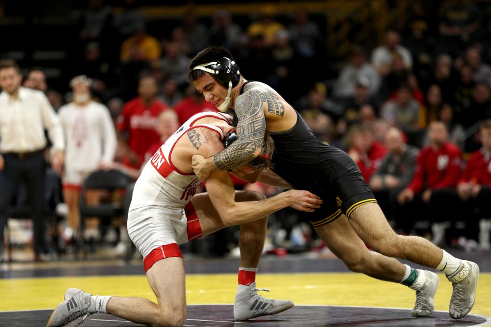 Iowa’s Pat Lugo wrestles Nebraska’s Collin Purinton at 149 pounds Saturday, January 18, 2020 at Carver-Hawkeye Arena. Lugo won the match 4-1. (Brian Ray/hawkeyesports.com)