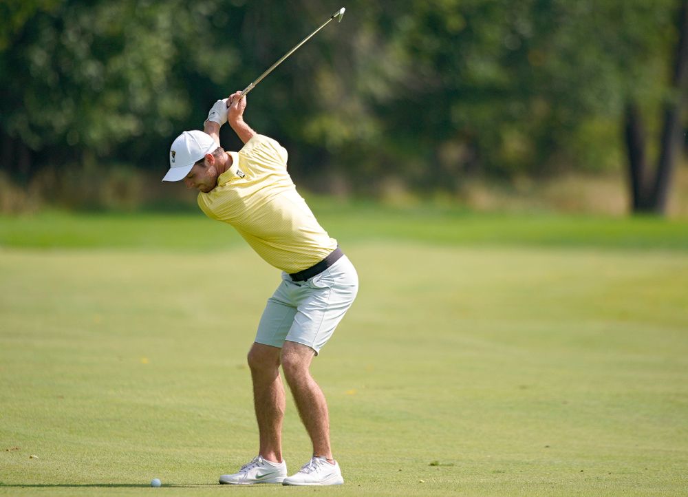 Iowa’s Jake Rowe hits from the fairway during the third day of the Golfweek Conference Challenge at the Cedar Rapids Country Club in Cedar Rapids on Tuesday, Sep 17, 2019. (Stephen Mally/hawkeyesports.com)