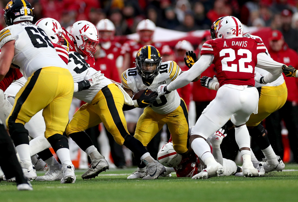 Iowa Hawkeyes running back Mekhi Sargent (10) against the Nebraska Cornhuskers Friday, November 29, 2019 at Memorial Stadium in Lincoln, Neb. (Brian Ray/hawkeyesports.com)