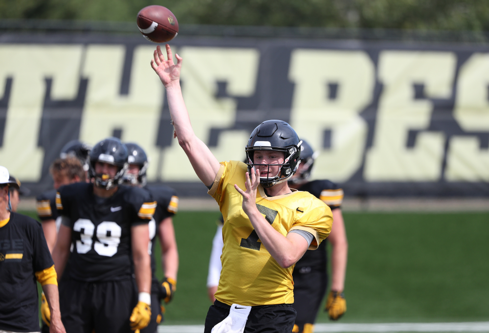 Iowa Hawkeyes quarterback Spencer Petras (7) during Fall Camp Practice No. 4 Monday, August 5, 2019 at the Ronald D. and Margaret L. Kenyon Football Practice Facility. (Brian Ray/hawkeyesports.com)