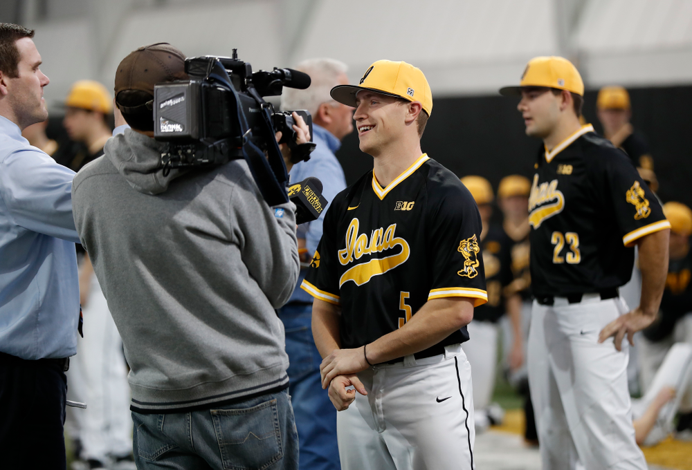 Iowa Hawkeyes catcher Tyler Cropley (5) answers questions from reporters during the team's annual media day Thursday, February 8, 2018 in the indoor practice facility. (Brian Ray/hawkeyesports.com)