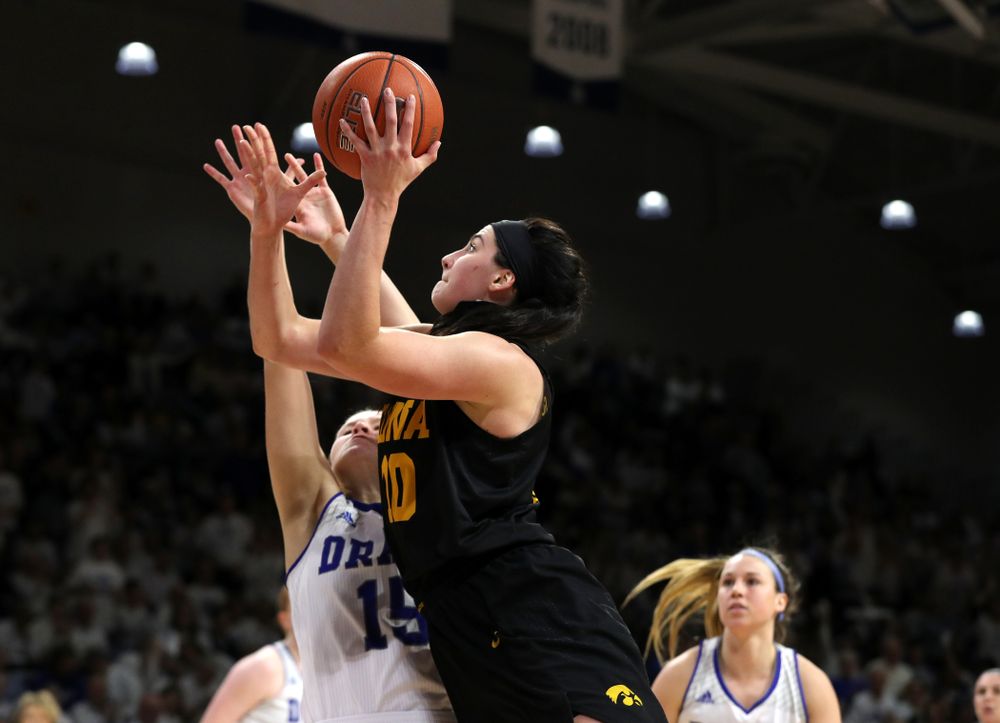 Iowa Hawkeyes forward Megan Gustafson (10) against the Drake Bulldogs Friday, December 21, 2018 at the Knapp Center in Des Moines. (Brian Ray/hawkeyesports.com)