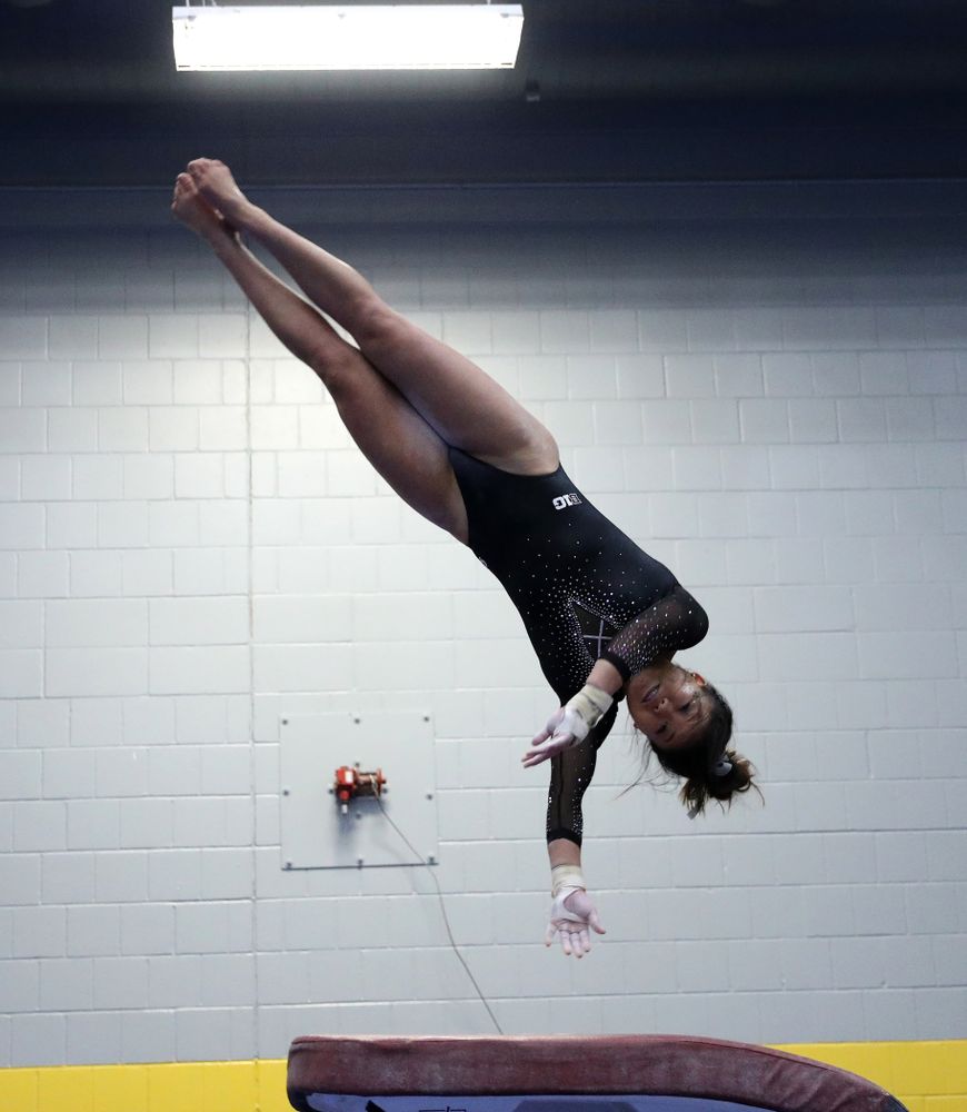 Misty Jade Carlson competes on the vault during the Black and Gold intrasquad meet Saturday, December 1, 2018 at the University of Iowa Field House. (Brian Ray/hawkeyesports.com)
