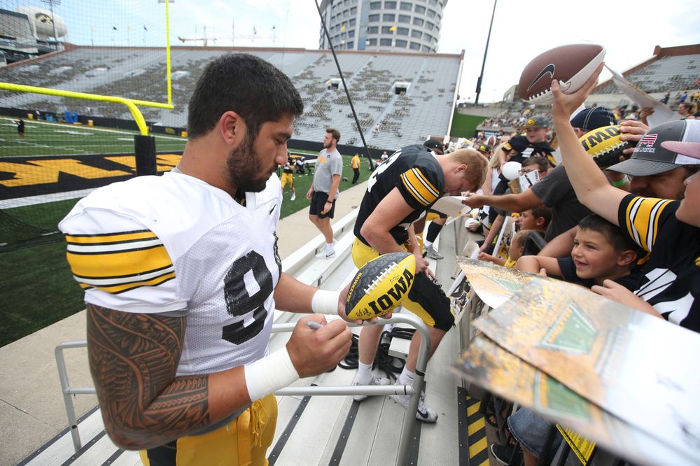 Iowa Hawkeyes defensive end A.J. Epenesa (94) during Kids Day at Kinnick Stadium on Saturday, August 10, 2019. (Lily Smith/hawkeyesports.com)