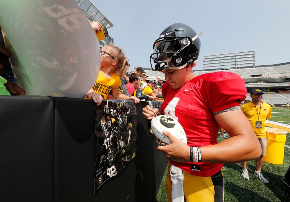 Iowa Hawkeyes quarterback Nathan Stanley (4) during Kids Day Saturday, August 11, 2018 at Kinnick Stadium. (Brian Ray/hawkeyesports.com)