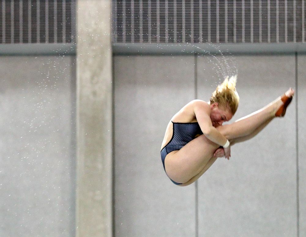 Iowa’s Thelma Strandberg competes in the platform diving event during their meet at the Campus Recreation and Wellness Center in Iowa City on Friday, February 7, 2020. (Stephen Mally/hawkeyesports.com)