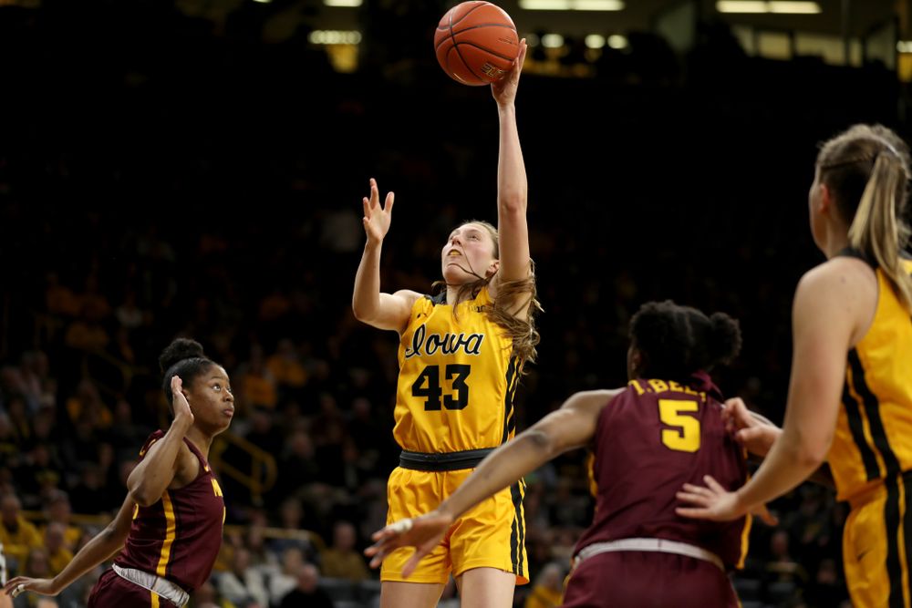 Iowa Hawkeyes forward Amanda Ollinger (43) against the Minnesota Golden Gophers Thursday, February 27, 2020 at Carver-Hawkeye Arena. (Brian Ray/hawkeyesports.com)