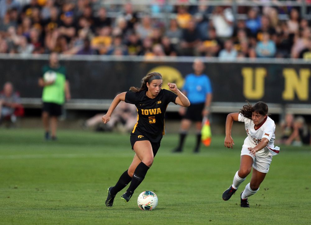 Iowa Hawkeyes defender Riley Whitaker (5) during a 2-1 victory over the Iowa State Cyclones Thursday, August 29, 2019 in the Iowa Corn Cy-Hawk series at the Iowa Soccer Complex. (Brian Ray/hawkeyesports.com)