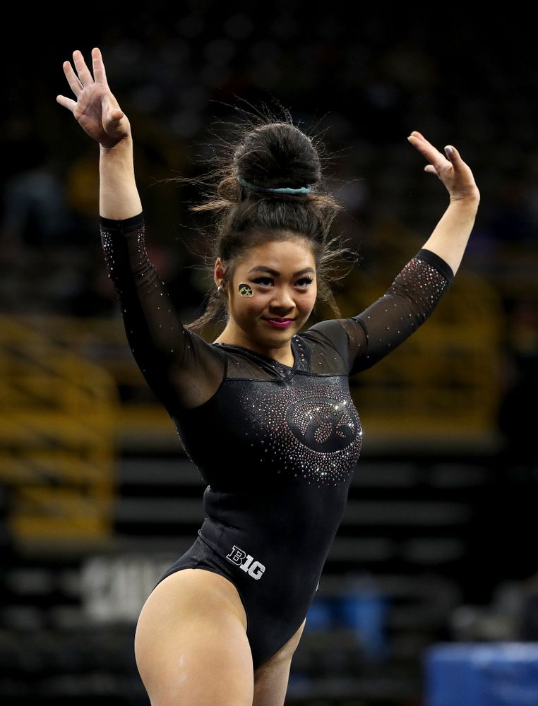 Iowa’s Claire Kaji competes on the floor against Michigan Friday, February 14, 2020 at Carver-Hawkeye Arena. (Brian Ray/hawkeyesports.com)