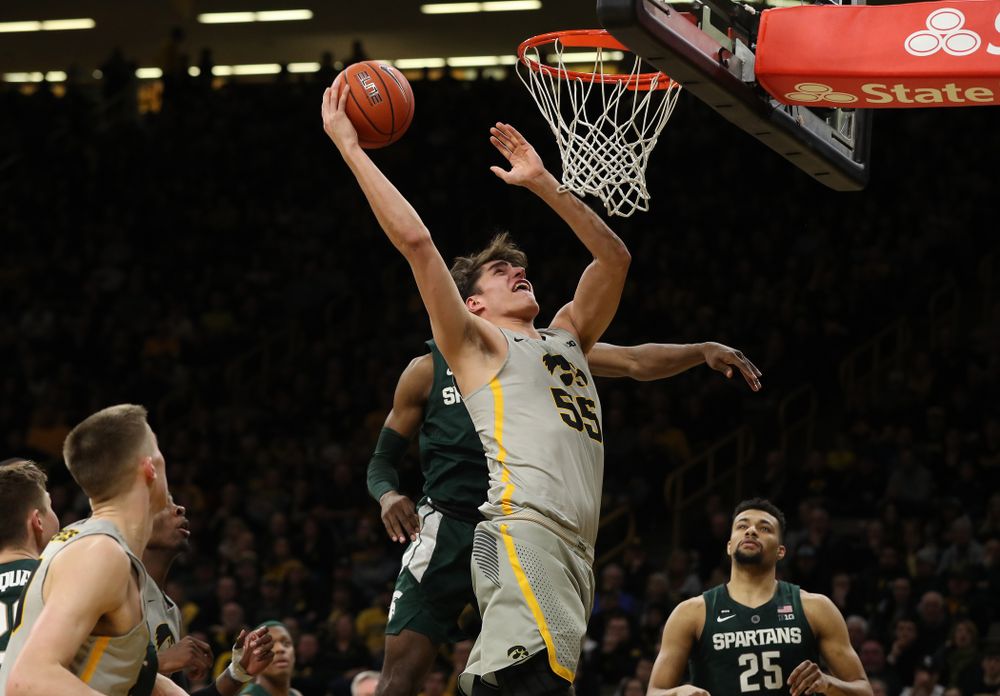 Iowa Hawkeyes forward Luka Garza (55) against the Michigan State Spartans Thursday, January 24, 2019 at Carver-Hawkeye Arena. (Brian Ray/hawkeyesports.com)