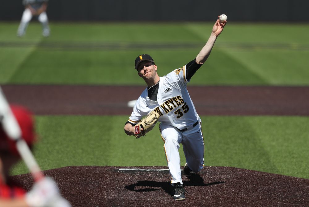 Iowa Hawkeyes Cam Baumann (35) against the Nebraska Cornhuskers Saturday, April 20, 2019 at Duane Banks Field. (Brian Ray/hawkeyesports.com)