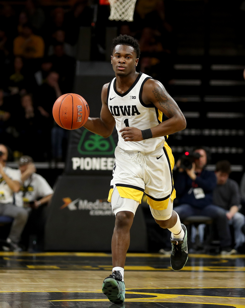 Iowa Hawkeyes guard Joe Toussaint (1)f against the Ohio State Buckeyes Thursday, February 20, 2020 at Carver-Hawkeye Arena. (Brian Ray/hawkeyesports.com)