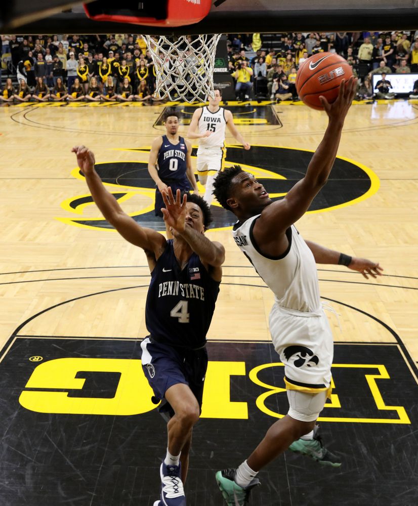 Iowa Hawkeyes guard Joe Toussaint (1) goes to the hoop against Penn State Saturday, February 29, 2020 at Carver-Hawkeye Arena. (Brian Ray/hawkeyesports.com)