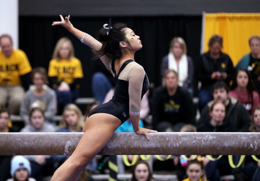 Clair Kaji competes on the beam during the Black and Gold intrasquad meet Saturday, December 1, 2018 at the University of Iowa Field House. (Brian Ray/hawkeyesports.com)