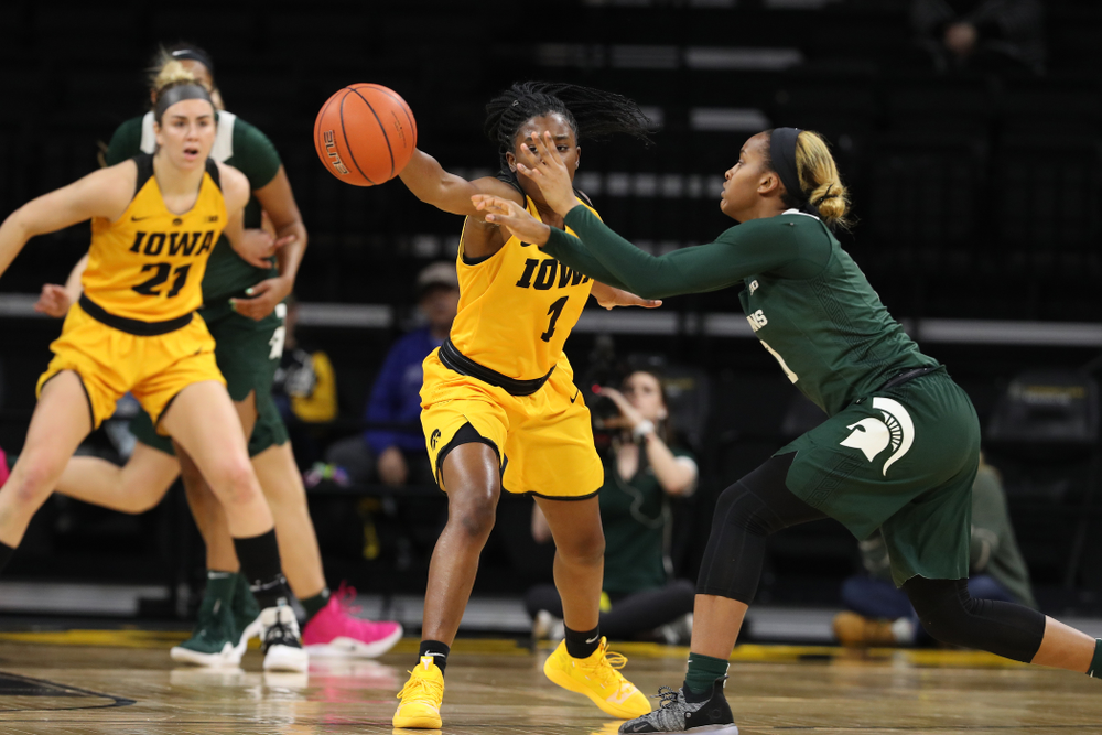 Iowa Hawkeyes guard Tomi Taiwo (1) steals the ball against the Michigan State Spartans Thursday, February 7, 2019 at Carver-Hawkeye Arena. (Brian Ray/hawkeyesports.com)