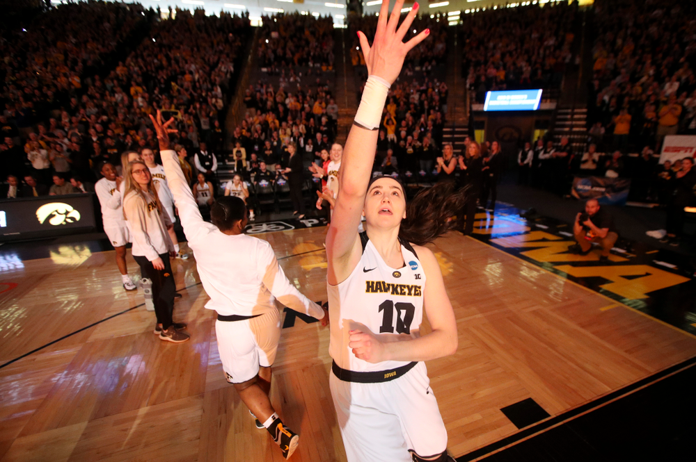 Iowa Hawkeyes forward Megan Gustafson (10) is introduced before their second round game in the 2019 NCAA Women's Basketball Tournament at Carver Hawkeye Arena in Iowa City on Sunday, Mar. 24, 2019. (Stephen Mally for hawkeyesports.com)