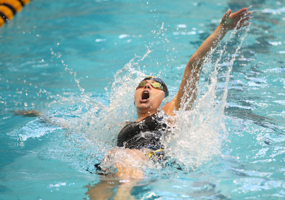 Iowa’s Kennedy Gilbertson swims the women’s 100 yard backstroke preliminary event during the 2020 Women’s Big Ten Swimming and Diving Championships at the Campus Recreation and Wellness Center in Iowa City on Friday, February 21, 2020. (Stephen Mally/hawkeyesports.com)